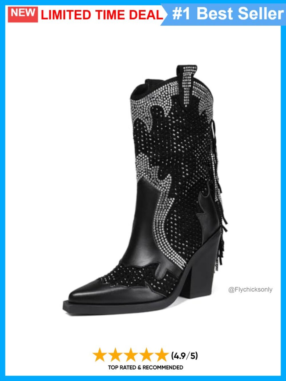 Women's Western Cowboy Boots Rhinestone Mid Wide Calf Chunky Heel